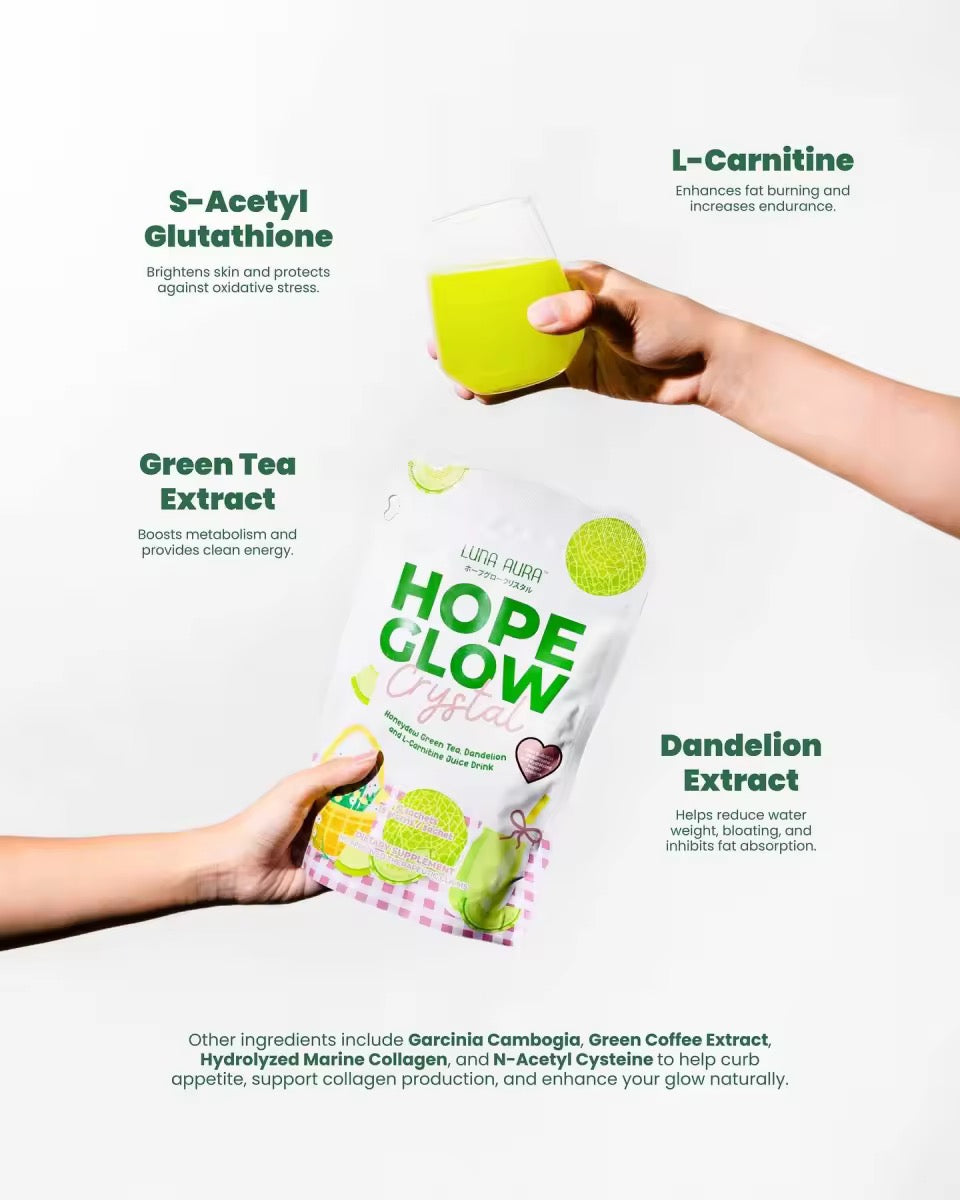 Luna Aura Hope Glow Crystal Honeydew Green Tea. Dandelion and L- Carnitine Juice Drink