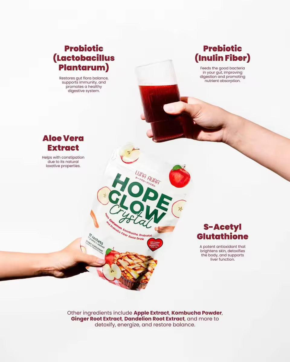 Luna Aura Hope Glow Crystal Apple Cinnamon Kombucha. Probiotic and Prebiotic Fiber Juice Drink