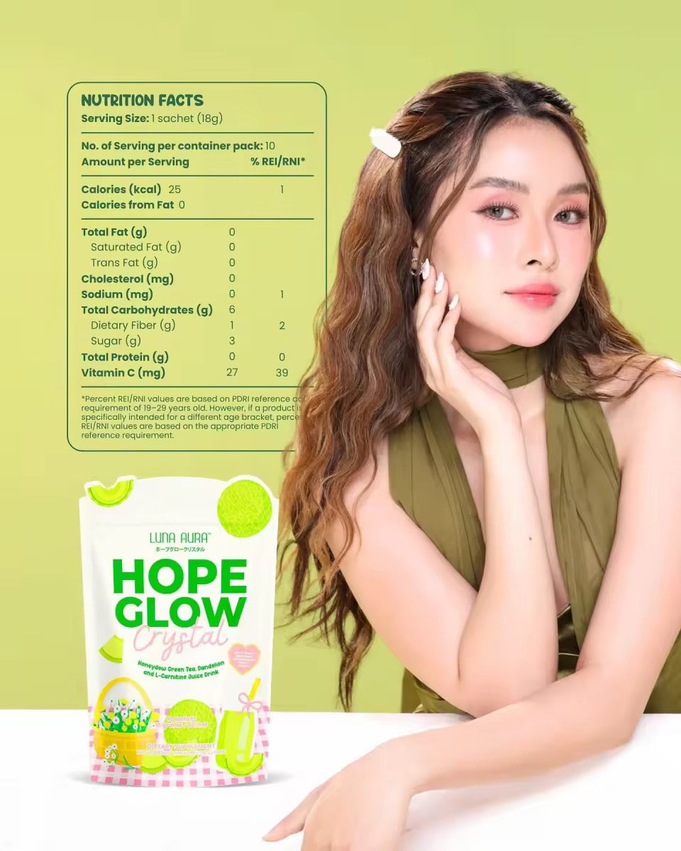 Luna Aura Hope Glow Crystal Honeydew Green Tea. Dandelion and L- Carnitine Juice Drink