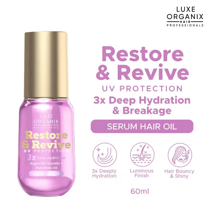 Luxe Organix Restore & Revive UV Protection 3X Deep Hydration Argan Oil + Keratin + Murumuru Oil Serum Hair Oil 60ml