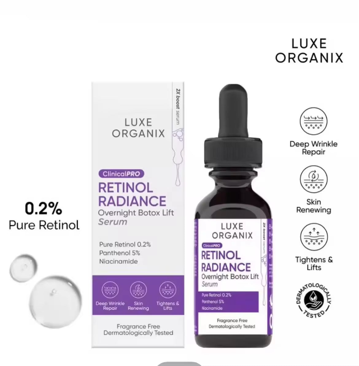 Luxe Organix ClinicalPRO Retinol Radiance Overnight Botox Lift Serum 30ml