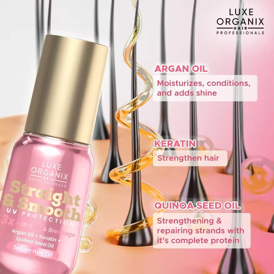 Luxe Organix Straight & Smooth UV Protection 3x Anti-Frizz &  Breakage Argan Oil + Keratin + Quinoa Seed Oil Serum Hair Oil 60ml