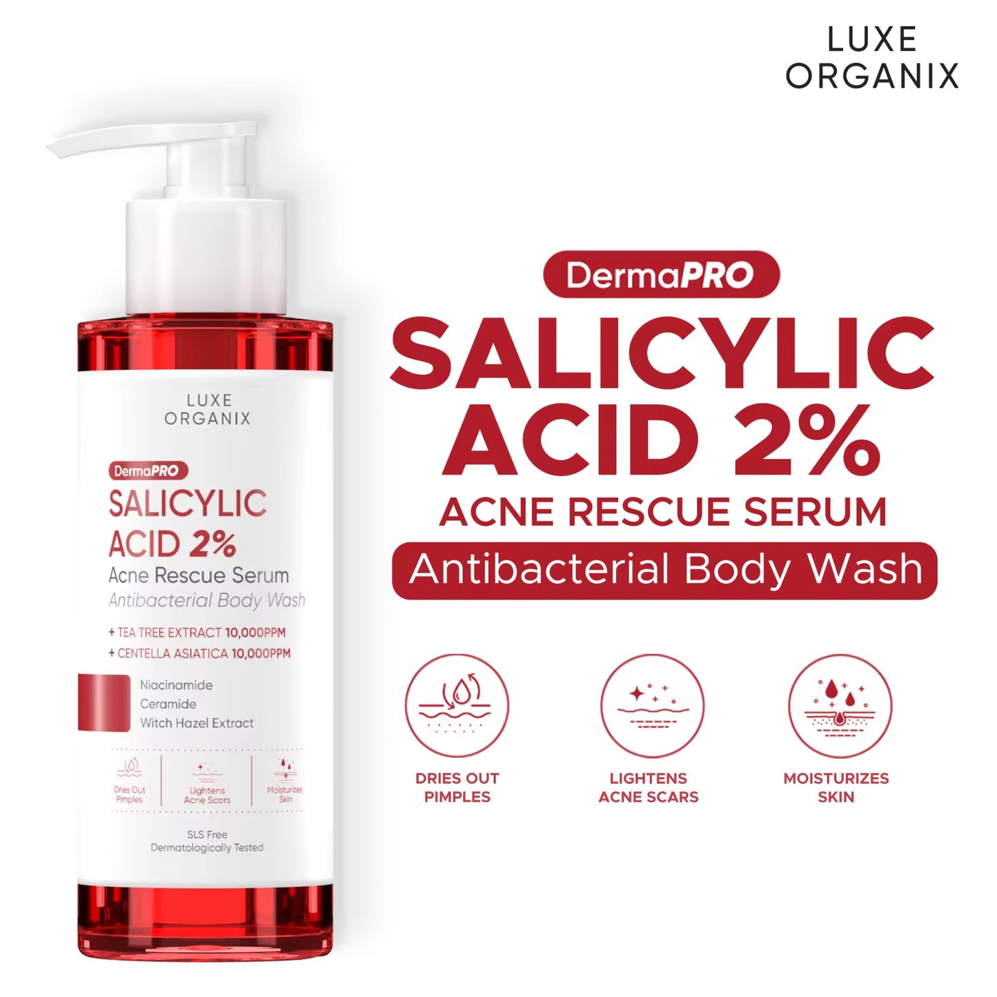 Luxe Organix Dermapro Salicylic Acid 2% Acne Rescue Serum Antibacterial Body Wash 500ml