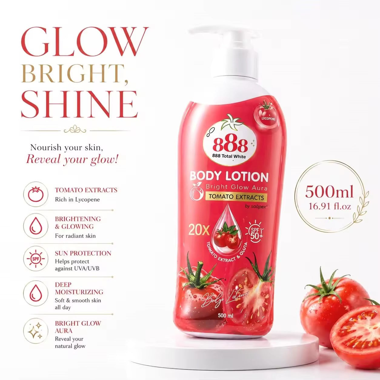 888 Total White Body Lotion Tomato Extracts 500ml