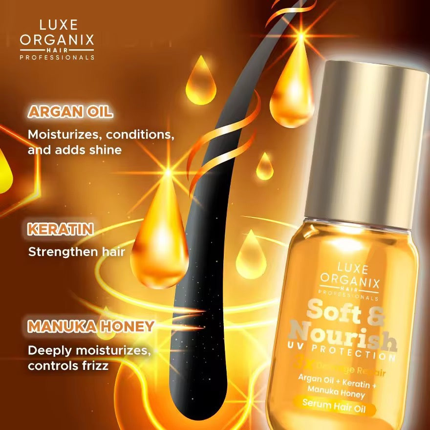 LUXE ORGANIX Soft & Nourish UV Protection 3X Damage  Repair Argan Oil + Keratin + Manuka Honey Serum Hair Oil 60ml