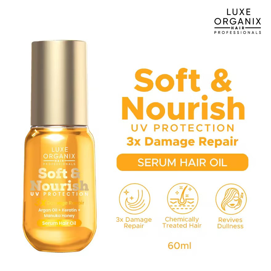 LUXE ORGANIX Soft & Nourish UV Protection 3X Damage  Repair Argan Oil + Keratin + Manuka Honey Serum Hair Oil 60ml