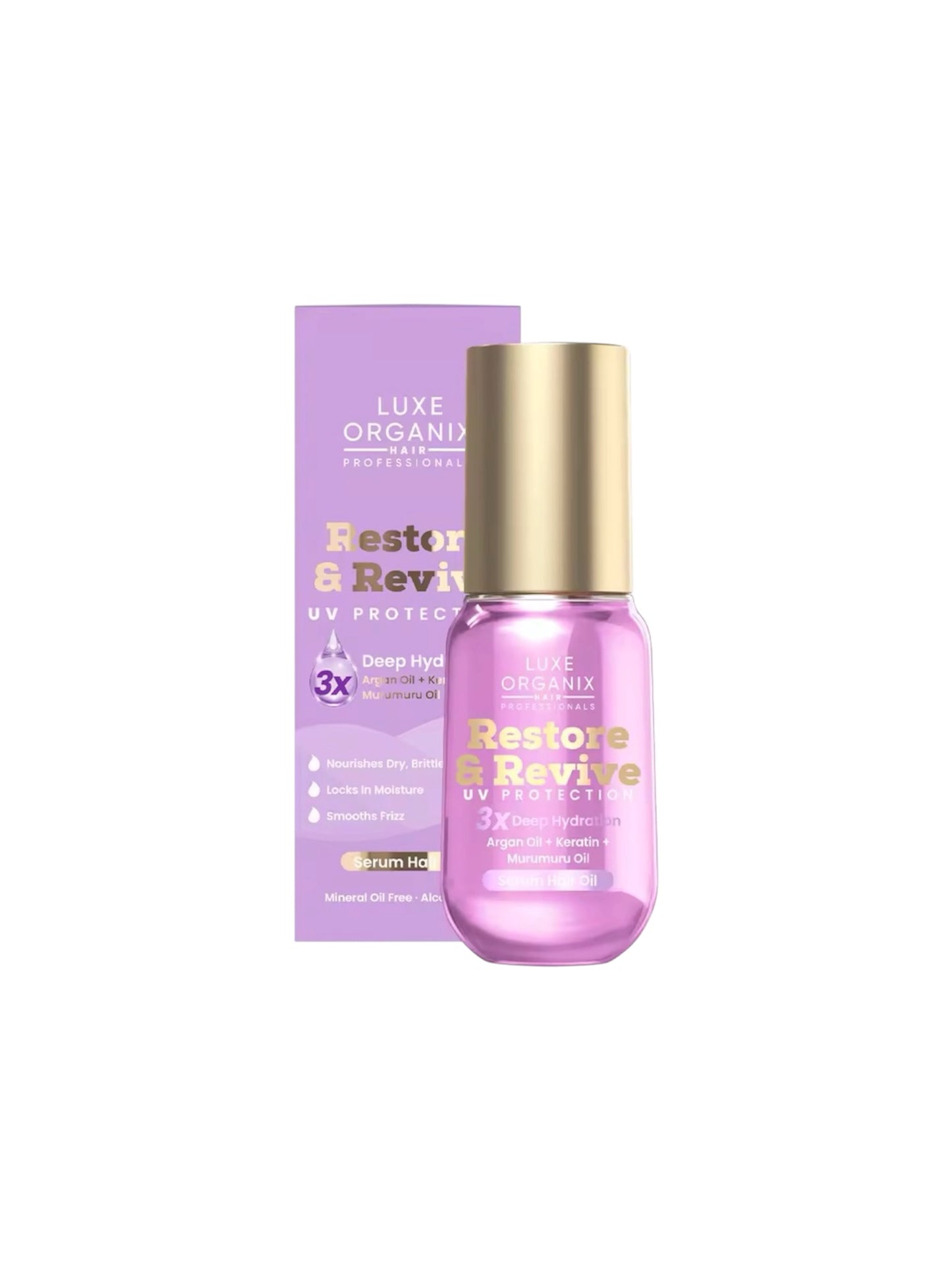 Luxe Organix Restore & Revive UV Protection 3X Deep Hydration  Argan Oil + Keratin + Murumuru Oil Serum Hair Oil 60ml