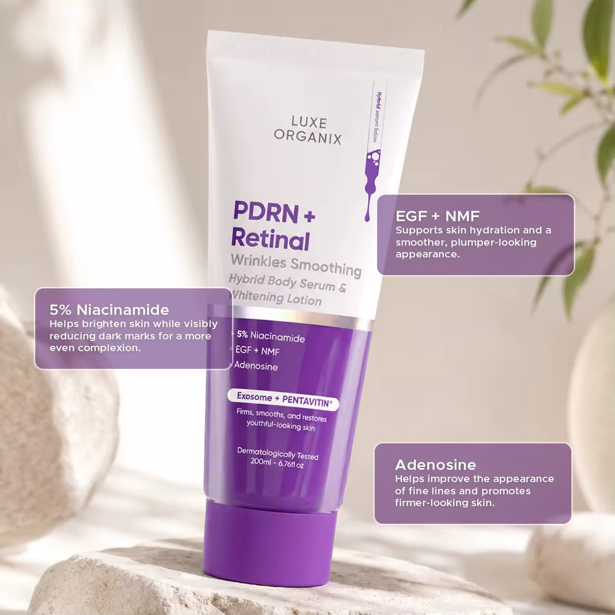 Luxe Organix PDRN+RETINAL  Wrinkles  Smoothing Hybrid Body Serum & Whitening Body Lotion 200ml