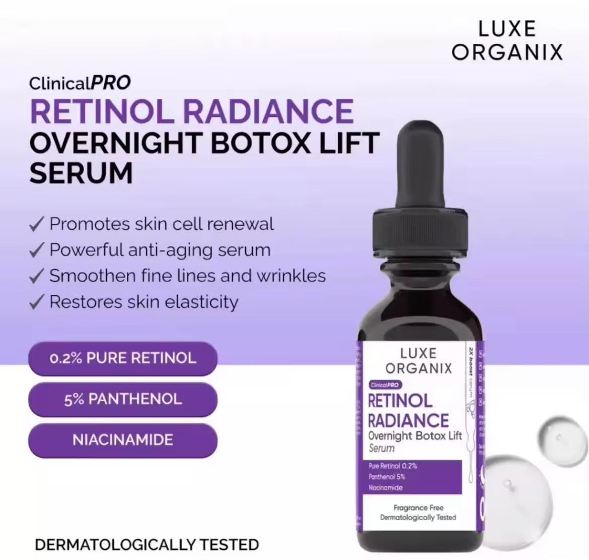 Luxe Organix ClinicalPRO Retinol Radiance Overnight Botox Lift Serum 30ml