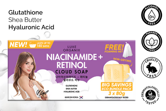 LUXE ORGANIX Niacinamide + Retinol Cloud Soap 3 x 80g (Eco Bundle Pack)