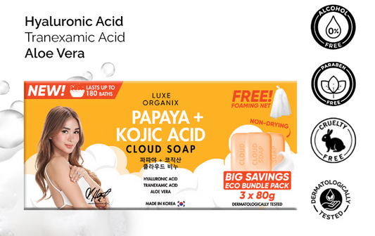 LUXE ORGANIX Papaya + Kojic Acid Cloud Soap 3 x 80g (Eco Bundle Pack)