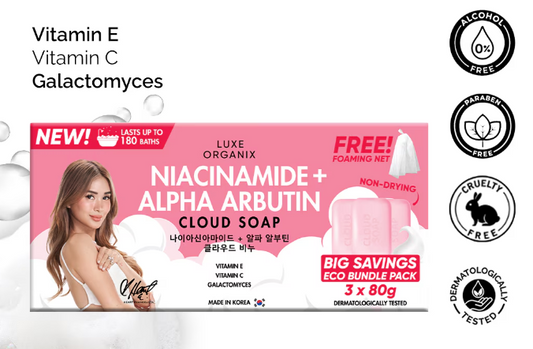 LUXE ORGANIX Niacinamide + Alpha Arbutin Cloud Soap 3 x 80g (Eco Bundle Pack)